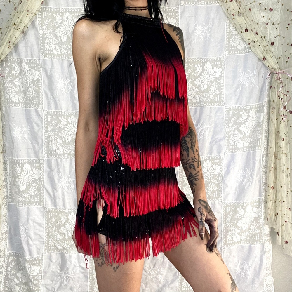 Red Black Ombre Fringe Flapper Dress Sequin Halter Gatsby Latin Dance Sz S/M - Picture 8 of 15